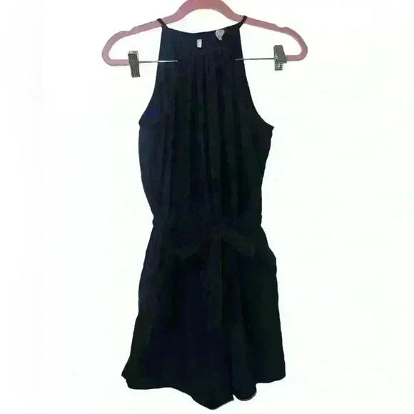 Pants - Macy’s Black Halter Pocketed Buttoned Open Back Romper with Bow